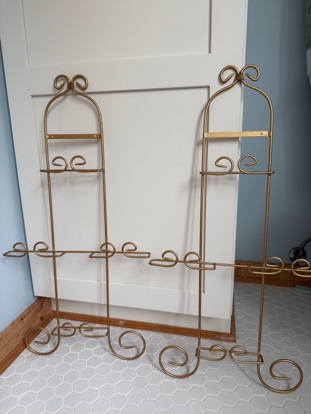 Vintage 1999 CBK Ltd Gold Metal 3-Tier Plate Display Racks (Set of 2)